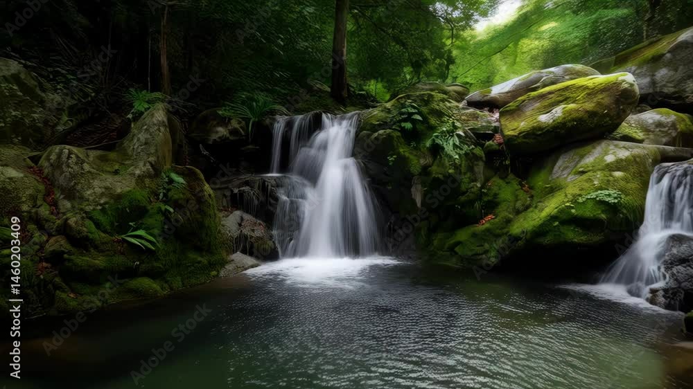 Poster serene small waterfalls cascading over moss covered rocks into a clear pool surrounded by green tree