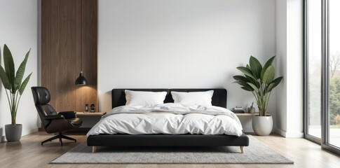 White wall, black bed, black armchair Minimalist bedroom , aesthetic, decor, image