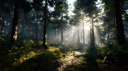 Obraz premium Sunlit Forest Path Misty Morning in the Woods