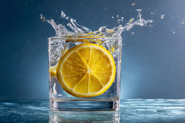Lemon slices splash into a clear glass of water creating refreshing droplets and vibrant ripples in a calming environment
