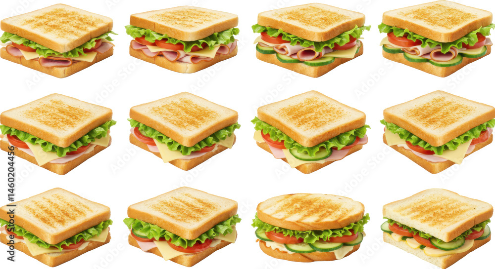 Poster a grid of twelve sandwiches with various fillings displayed in a neat and organized arrangement styl