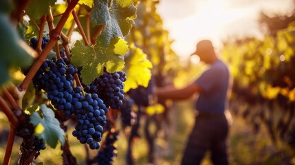 Obraz premium Sunlight illuminates bunches of ripe grapes on vine.