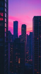 Urban twilight symphony, Skyscrapers bathed in ethereal pink and violet hues