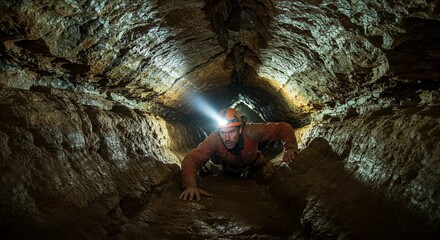 A man with headlamp crawling through a narrow cave passage with rock walls and low ceiling in the dark