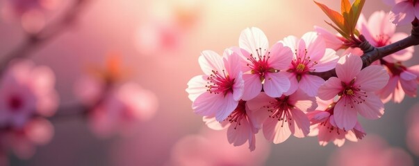 Fototapeta premium Delicate pink cherry blossoms illuminated by soft morning sunlight , light, early, flora