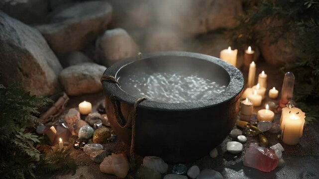 Steaming cauldron surrounded by rocks, candles, crystals and greenery, creating a mystical and magical atmosphere