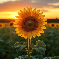 Obraz premium Sunflower sunset field, summer nature, background, postcard