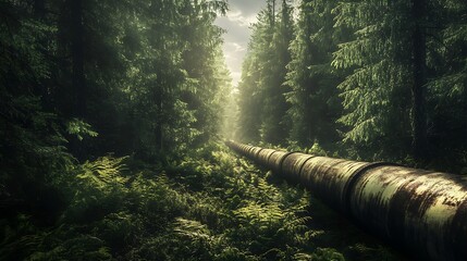 Rustic pipeline path through dense forest.