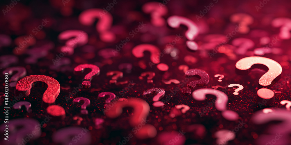 Poster Red glitter question marks on dark red background, creating an intriguing and mysterious atmosphere symbolizing uncertainty, inquiry, or problem-solving