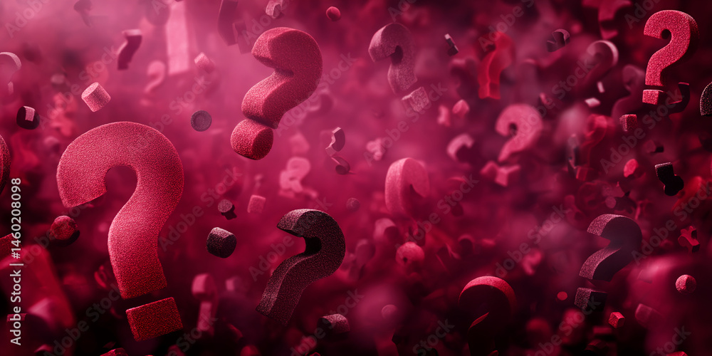 Aufkleber Red textured question marks float in a hazy crimson background, symbolizing uncertainty, inquiry, or problem-solving