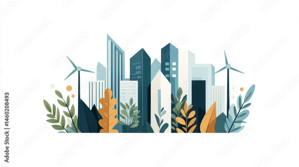 Poster modern community wind energy initiatives with flat architecture: incorporating cutting-edge turbine 