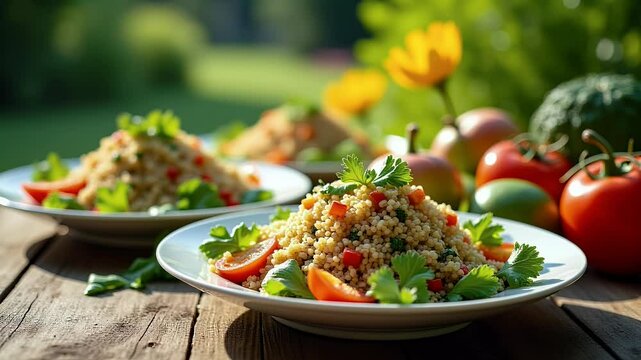 Vegetarian Salad Plates of Refreshing Bulgur and Vegetables for Summer Meals