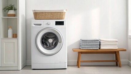 Interior view of a clean laundry space featuring a white washing machine, a bench with neatly stacked towels, and a tall storage cabinet, showcasing a well-equipped area for domestic tasks