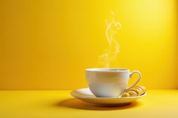 Steaming teacup, buttery croissant, sunny yellow backdrop, drink, winter
