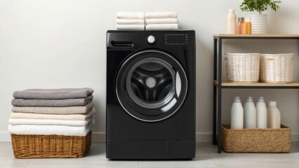A modern black front-loading washing machine is the centerpiece in a clean laundry room, flanked by organized white shelving units displaying cleaning supplies, folded towels, and a wicker basket