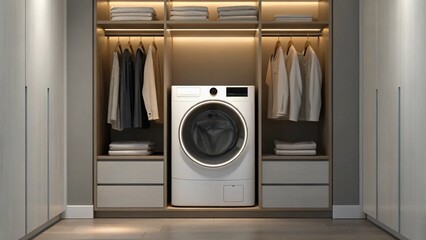 Close-up view of a washing machine built into a sleek, contemporary wardrobe unit, featuring sections for hanging clothes and drawers below, highlighting integrated home solutions