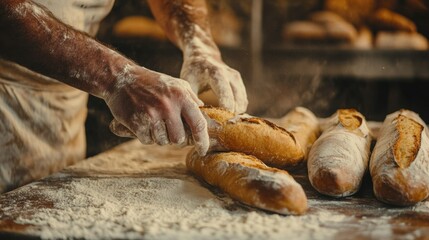 Obraz premium Artisan hands meticulously shaping freshly baked loaves.