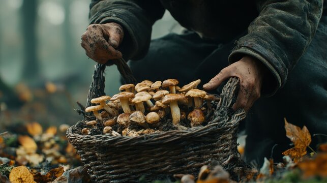 Close-up view of hands collecting mushrooms in a woven basket.