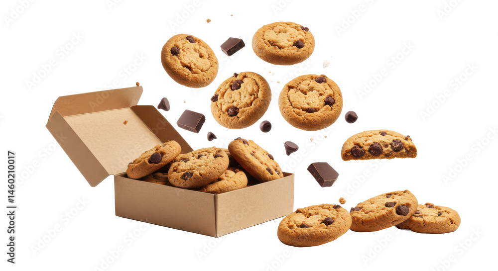 Aufkleber a box of chocolate chip cookies with some cookies floating around the box on a white background