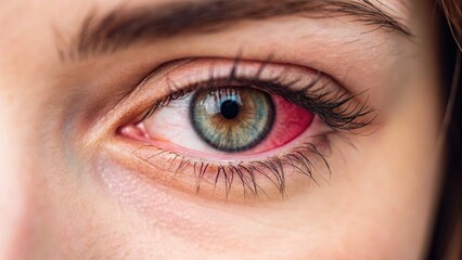 Obraz premium Close-up macro shot of a bloodshot human eye with visible red veins in the sclera and a light-colored iris. Represents eye irritation, health issues, fatigue, or medical condition.