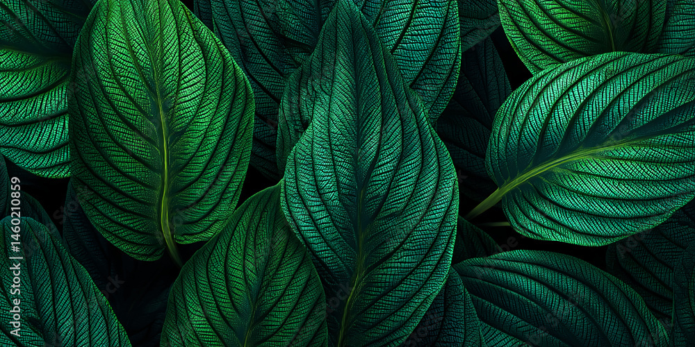 Poster close-up of dark green leaf texture, showing detailed venation, creating a lush and vibrant appearan