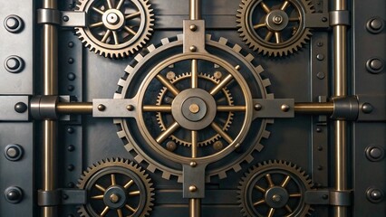 Fototapeta premium Close-up view of an intricate mechanical system with interconnected brass gears and levers on a dark metal background, evoking a sense of vintage engineering and complex machinery