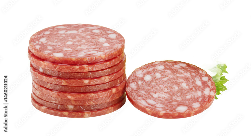 Poster a stack of sliced salami with a single slice and a sprig of lettuce on a neutral colored surface vis
