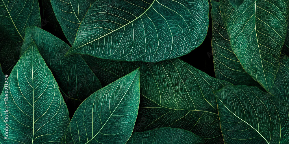 Poster detailed image of dark-green leaves, showcasing intricate vein patterns, creating a lush and natural