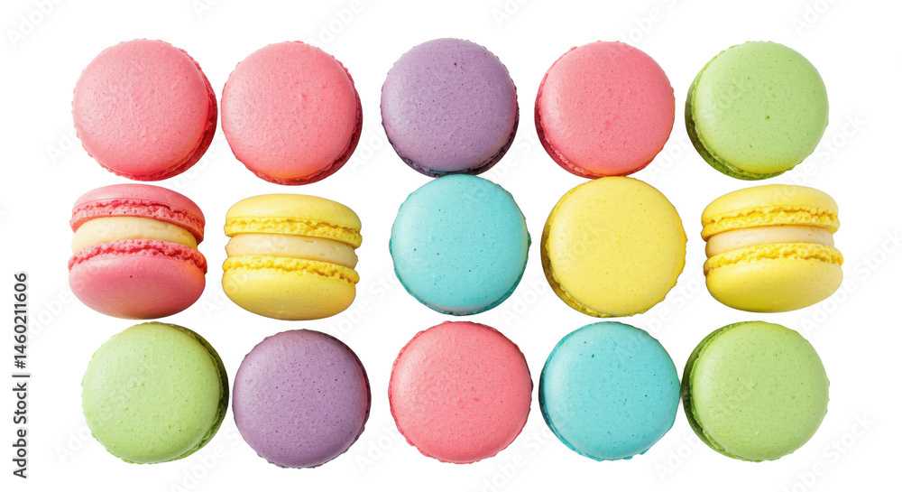 Poster a close up view of an assortment of colorful macarons arranged in a neat and organized presentation