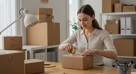 Woman packing a box in an organized workspace  