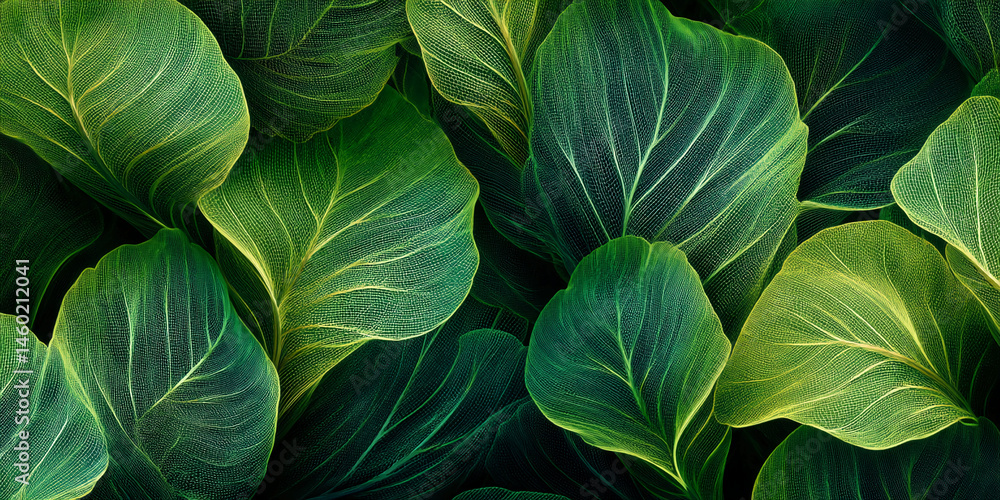 Poster close-up of green leaf texture, showcasing intricate vein details, creating a lush and vibrant appea