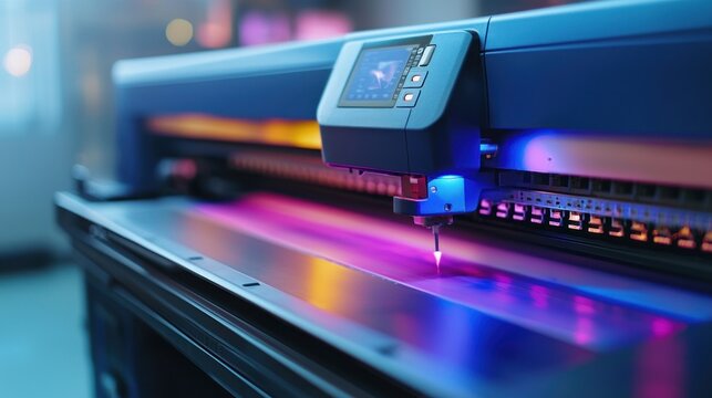 High-tech printing machine with vibrant lights, precision cutting tool, and sleek design