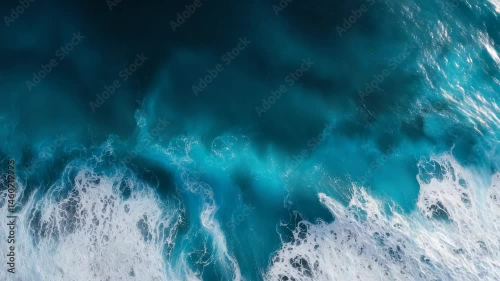 Poster aerial view of waves crashing in turquoise ocean, creating white foam and swirling patterns in the c