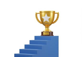 A golden trophy with a star on top of a blue staircase on a white backdrop 