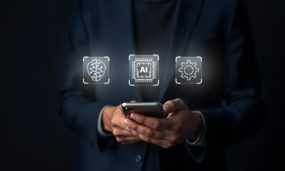 Man using tools AI. technology smartphone science and artificial intelligence technology, and innovation futuristic and global connection for providing access to information and data online network.