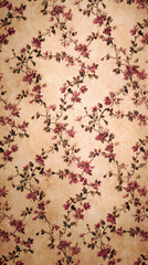 Beige background with repeating pattern of dark pink flowers and brown leaves, creating a vintage floral texture ideal for wallpaper or background