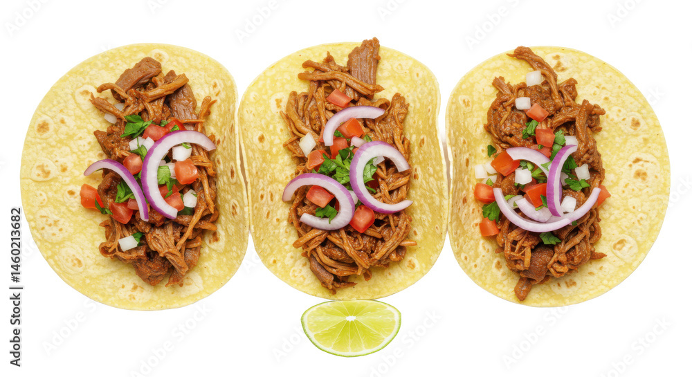 Poster three delicious tacos arranged in a row with meat toppings and sliced onions on a white background s