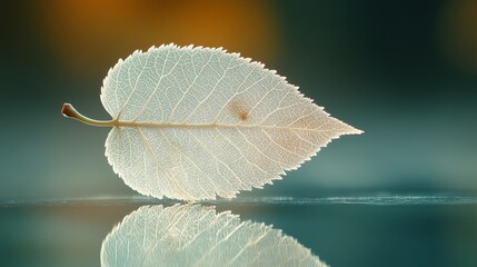 Delicate, pale leaf reflected on smooth surface.