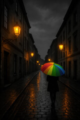 A woman with a multicolored umbrella walks along the street in an old town at night. Raindrops dot the cobblestone streets, and warm yellow lights from lanterns illuminate her silhouette