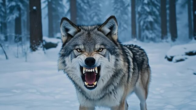 Angry wolf in snowy forest; wildlife portrait for nature lovers
