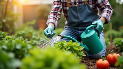 Watering crops with watering can in organic vegetable garden agriculture