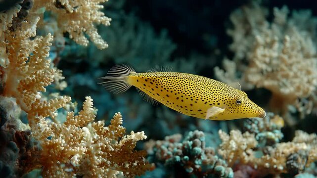 Underwater world featuring a yellow boxfish swimming among diverse corals, creating a vibrant marine ecosystem, natural seascape.