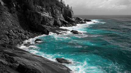 A black-and-white cliffside at the ocean, with bright turquoise waves crashing against the rocks