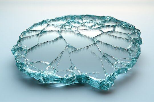 Shattered glass disc.  A broken, light teal glass plate, fractured into many pieces