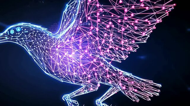 Cybernetic bird soars with neon wings
