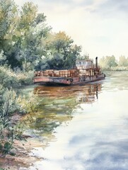 Obraz premium Watercolor painting of cargo barge near forest riverbank 