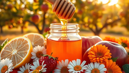 Golden Honey Jar with Citrus, Flowers, and Fresh Fruit in Sunlit Orchard