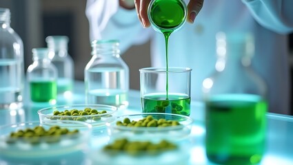 Laboratory Experiment: Green Liquid Being Poured Into Glass Beaker