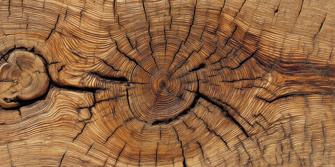 Fototapeta premium Close-up of brown wood grain texture, showing rings and cracks, representing age, nature, and rustic design, ideal for backgrounds or textures