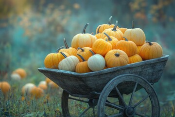 A rustic wheelbarrow overflowing with a bountiful harvest of autumn pumpkins.